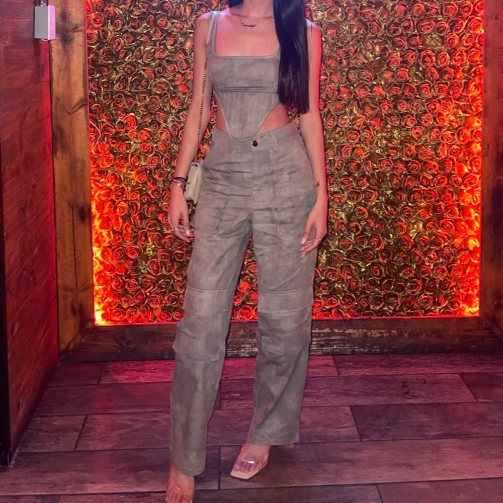 PLT Corset Top and Cargo Pants Matching Set Green Acid Wash Size Petite 00